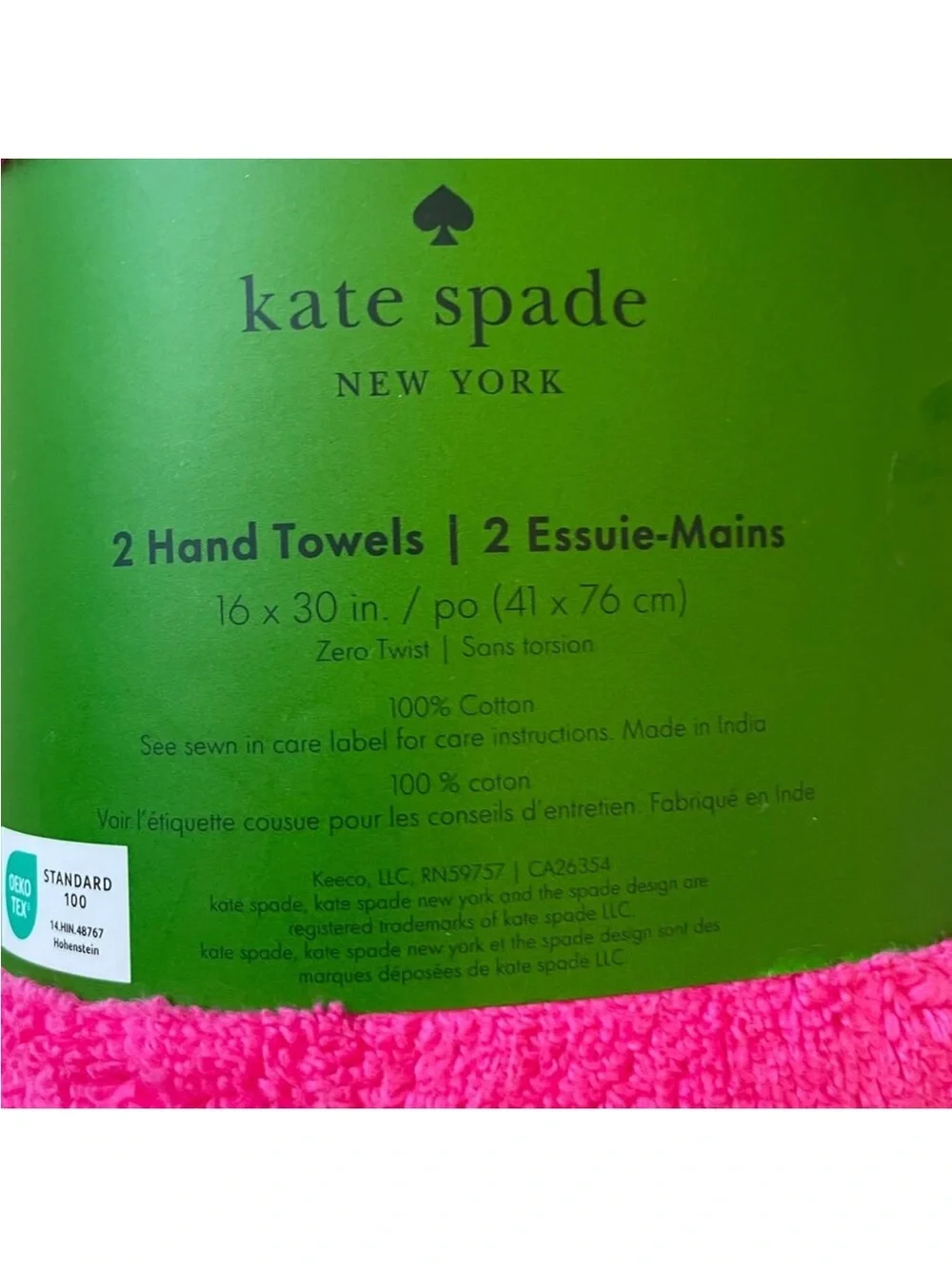 KATE SPADE NY Hot Pink Cotton Hand Towels 16X30 Set of 2 NEW